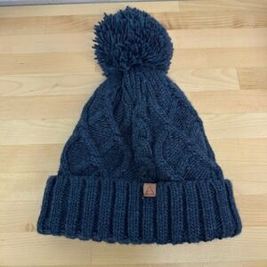 Dunnes Stores Teal Blue Cable Knit Pom Beanie Fleece Lined Mountain Patch OS